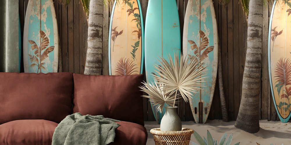 Modern home interior with rattan furniture and dry plant in vase, 3d render